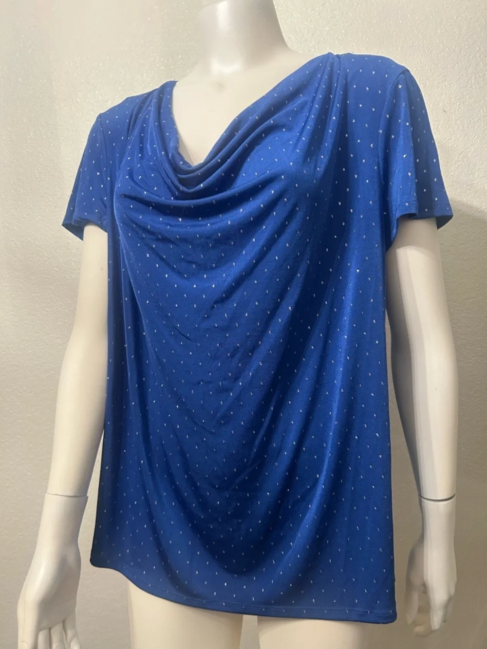 Jaclyn Smith Collection Draped Cowl Neck Blue Top with Glitter Polka Dots - Picture 1 of 4